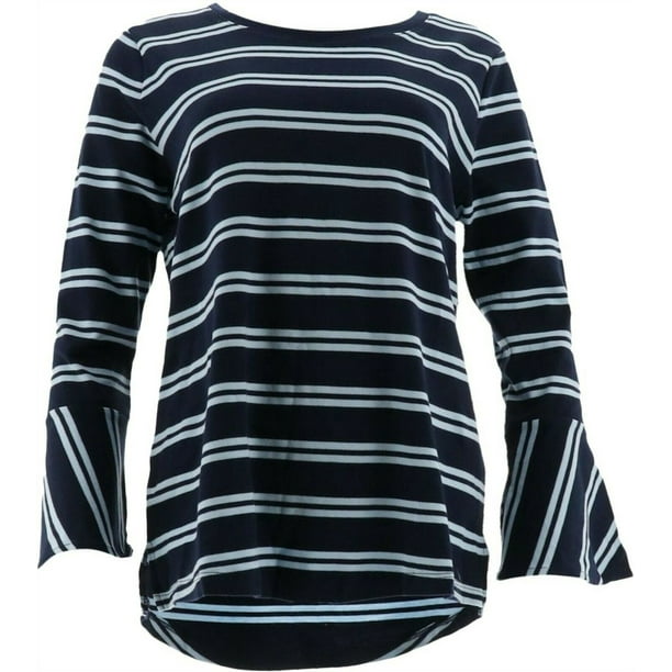 Isaac Mizrahi Scoop Neck Striped Top Bell Slvs Sunset Coral S NEW A301942